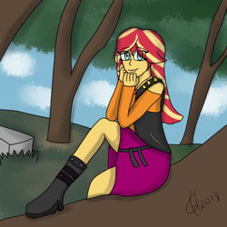 Size: 1024x1024 | Tagged: safe, artist:goldhajik, sunset shimmer, better together, equestria girls, boot, cute, looking at you, shimmerbetes, solo, tree