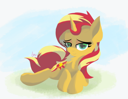 Size: 1100x850 | Tagged: safe, artist:azimuth, sunset shimmer, pony, female, looking at you, mare, sitting, solo