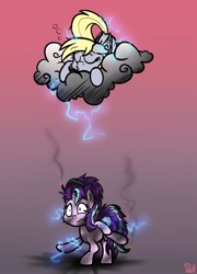 Size: 1382x1920 | Tagged: safe, artist:pirill, derpy hooves, starlight glimmer, pegasus, pony, unicorn, cloud, electrocution, female, i just don't know what went wrong, lightning, mare, newbie artist training grounds, sleeping, zapped