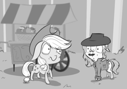 Size: 685x480 | Tagged: safe, artist:krucification, applejack, fluttershy, earth pony, pony, apple, ask, clothes, duo, flutterbat, grayscale, master of disguise, monochrome, suspicious, tumblr