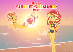 Size: 3457x2452 | Tagged: safe, artist:andoanimalia, artist:diegator007, artist:sugar-loop, edit, sunset shimmer, pony, seapony (g4), better together, equestria girls, clothes, duality, glow, human ponidox, lidded eyes, ocean, seaponified, seapony sunset, self ponidox, smiling, species swap, sun, sunset, sunset shimmer day, sunshine shimmer, swimsuit, wallpaper, wallpaper edit