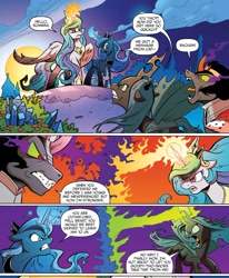 Size: 1381x1677 | Tagged: safe, artist:andypriceart, idw, king sombra, princess celestia, princess luna, queen chrysalis, alicorn, changeling, changeling queen, pony, unicorn, siege of the crystal empire, spoiler:comic, spoiler:comic35, comic, female, magic, male, mare, official comic, royal sisters, stallion