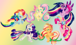 Size: 1024x604 | Tagged: safe, artist:chiuuchiuu, derpibooru import, applejack, fluttershy, pinkie pie, rainbow dash, rarity, twilight sparkle, twilight sparkle (alicorn), alicorn, earth pony, pegasus, pony, unicorn, female, mane six, mare, rainbow power