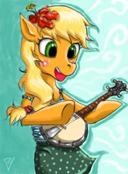 Size: 700x950 | Tagged: safe, artist:psykong, applejack, earth pony, pony, banjo, bipedal, clothes, flower, flower in hair, musical instrument, solo