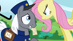 Size: 300x169 | Tagged: safe, screencap, fluttershy, pegasus, pony, putting your hoof down, fluttercruel, mailpony, mr. zippy