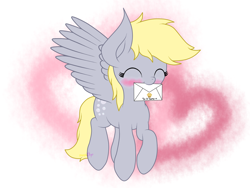 Size: 2048x1536 | Tagged: safe, artist:kimjoman, derpy hooves, pegasus, pony, blushing, cute, derpabetes, envelope, eyes closed, female, flying, food, happy, heart, heart background, mail, mouth hold, muffin, nom, solo, text