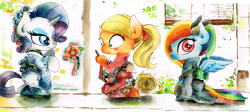 Size: 1600x715 | Tagged: safe, artist:mashiromiku, derpibooru import, applejack, rainbow dash, rarity, earth pony, pegasus, pony, unicorn, clothes, commission, kimono (clothing), traditional art, watercolor painting