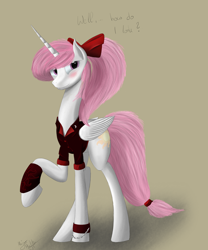 Size: 2500x3000 | Tagged: safe, artist:majormuffin, princess celestia, alicorn, pony, alternate hairstyle, blushing, clothes, looking at you, pink-mane celestia, ponytail, shirt, simple background, solo, younger