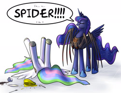 Size: 1600x1235 | Tagged: safe, artist:foxi-5, princess celestia, princess luna, alicorn, pony, spider, 2spooky, arachnophobia, boo, cake, cakelestia, clothes, costume, cute, dialogue, duo, eyes closed, faint, fainting goat, featureless crotch, female, grin, legs in air, lunabetes, mare, on back, smiling, spoon, spread wings, squee, tea, teacup, this will end in tears and/or a journey to the moon