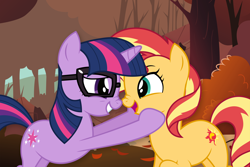 Size: 6000x4000 | Tagged: safe, artist:spottedlions, sci-twi, sunset shimmer, twilight sparkle, pony, unicorn, better together, equestria girls, spring breakdown, absurd resolution, autumn, boop, cute, duo, equestria girls ponified, female, forest, glasses, leaves, lesbian, mare, nose wrinkle, noseboop, open mouth, ponified, scitwishimmer, shipping, sunset shimmer day, sunsetsparkle, tree, unicorn sci-twi