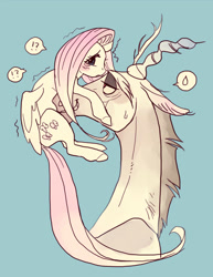 Size: 540x700 | Tagged: dead source, safe, artist:pasikon, discord, fluttershy, draconequus, pegasus, pony, blushing, cutie mark, discoshy, female, horns, male, shipping, shivering, simple background, smiling, speech bubble, straight, sweat, sweatdrop, trembling, wings