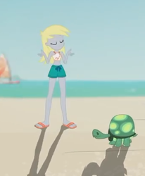 Size: 342x415 | Tagged: safe, screencap, derpy hooves, tank, aww... baby turtles, better together, equestria girls, clothes, cropped, eyes closed, feet, female, male, sandals, shorts, shrug