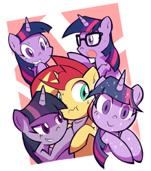 Size: 1270x1440 | Tagged: safe, artist:rvceric, mean twilight sparkle, sci-twi, sunset shimmer, twilight sparkle, pony, unicorn, equestria girls, the mean 6, what lies beneath, adoracreepy, clone, creepy, cute, do not want, equestria girls ponified, female, glasses, lesbian, lidded eyes, multeity, open mouth, ponified, shipping, smiling, sunset gets all the twilights, sunset shimmer gets all the mares, sunset twiangle, sunsetsparkle, tree of harmony, treelight sparkle, unicorn sci-twi