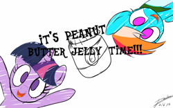 Size: 1280x800 | Tagged: safe, artist:untaloc, derpibooru import, rainbow dash, twilight sparkle, pegasus, pony, cute, happy, peanut butter, peanut butter jelly time, random, simple background, sketch, white background