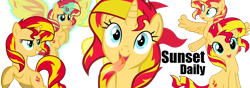 Size: 1000x350 | Tagged: safe, sunset shimmer, alicorn, pony, unicorn, equestria girls, alicornified, crying, cute, equestria daily, grin, looking at you, multeity, race swap, shimmerbetes, shimmercorn, shimmerstorm, silly, silly pony, simple background, smiling, sunset phoenix, sunset shimmer day, tongue out, transparent background