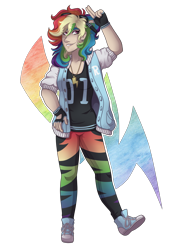 Size: 3507x4960 | Tagged: safe, artist:kikirdcz, derpibooru import, rainbow dash, human, absurd resolution, clothes, converse, female, humanized, jacket, pants, shoes, simple background, smiling, solo, transparent background