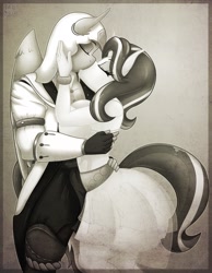 Size: 2480x3196 | Tagged: safe, alternate version, artist:tatemil, starlight glimmer, oc, oc:carlos, oc:lightning burn, anthro, pegasus, unicorn, assassin's creed, black and white, canon x oc, clothes, dress, grayscale, kissing, monochrome, outfit, starlightning, starlos