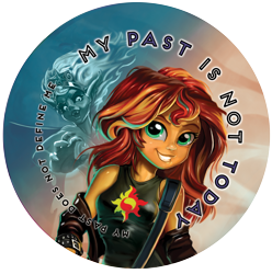 Size: 1224x1236 | Tagged: safe, artist:harwick, sunset satan, sunset shimmer, equestria girls, my past is not today, clothes, cutie mark on clothes, female, grin, simple background, smiling, solo, sunset shimmer day, text, transparent background