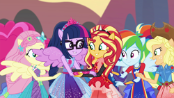 Size: 1920x1080 | Tagged: safe, derpibooru import, screencap, applejack, fluttershy, pinkie pie, rainbow dash, rarity, sci-twi, sunset shimmer, twilight sparkle, alicorn, better together, equestria girls, forgotten friendship, group hug, happy, holding hands, hug, humane five, humane seven, humane six, looking at each other, ponied up, scitwilicorn, shipping fuel, smiling