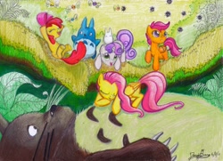 Size: 4200x3042 | Tagged: safe, artist:invalid-david, apple bloom, fluttershy, scootaloo, sweetie belle, parasprite, pegasus, pony, crossover, cutie mark crusaders, my neighbor totoro, sleeping, traditional art