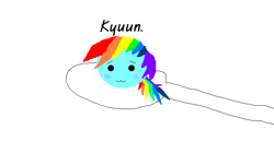 Size: 703x394 | Tagged: safe, artist:tamagosqueeze, derpibooru import, rainbow dash, bean, blushing, kyuun, nyoro-n, solo, species swap, spoon, text