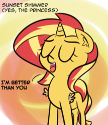 Size: 1335x1551 | Tagged: safe, artist:artiks, sunset shimmer, alicorn, pony, unicorn, dialogue, fake wings, female, mare, simple background, smug, solo, sunset shimmer day