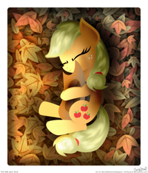 Size: 1500x1750 | Tagged: safe, artist:bvsquare, applejack, earth pony, pony, cute, jackabetes, leaves, sleeping, solo