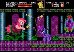 Size: 800x561 | Tagged: safe, artist:pixelkitties, derpibooru import, pinkie pie, twilight sparkle, twilight sparkle (alicorn), alicorn, earth pony, pony, castle mane-ia, castlevania, crossover, female, mare, pixel art, twilight scepter