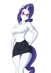 Size: 1050x1500 | Tagged: safe, artist:skecchiart, rarity, anthro, big breasts, breasts, clothes, female, glasses, hand on hip, looking at you, pencil skirt, raritits, rarity's glasses, simple background, skirt, solo, white background