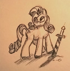 Size: 1174x1184 | Tagged: safe, artist:post-it, rarity, pony, unicorn, eyepatch, monochrome, solo, sword, sword rara, traditional art, weapon