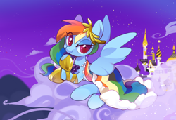 Size: 1280x874 | Tagged: safe, artist:lemonheart, derpibooru import, rainbow dash, pegasus, pony, the best night ever, canterlot, castle, clothes, cloud, commission, cute, dashabetes, dress, female, gala dress, jewelry, looking at you, mare, necklace, rainbow, rainbow dash always dresses in style, scene interpretation, sky, smiling, solo, stars