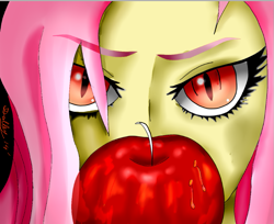 Size: 691x563 | Tagged: safe, artist:dalley-le-alpha, fluttershy, human, apple, flutterbat, humanized, solo