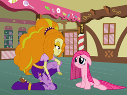 Size: 900x673 | Tagged: safe, adagio dazzle, pinkie pie, equestria girls, rainbow rocks, happy, humans superior ponies inferior, pinkamena diane pie, sugarcube corner