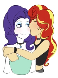 Size: 908x1222 | Tagged: safe, artist:horsegirlpodcast, rarity, sunset shimmer, equestria girls, eyes closed, female, kiss on the cheek, kissing, lesbian, shipping, sunsarity