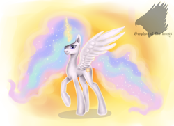 Size: 1600x1160 | Tagged: safe, artist:gryphonofdarkness, princess celestia, alicorn, pony, raised hoof, smiling, solo, spread wings