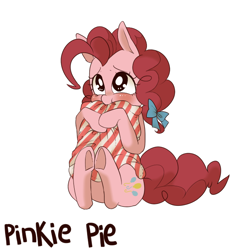 Size: 640x640 | Tagged: dead source, safe, artist:umeguru, pinkie pie, pony, bow, cute, diapinkes, hair bow, pillow, pixiv, simple background, sitting, solo, underhoof, white background