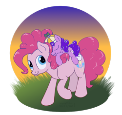 Size: 900x851 | Tagged: safe, artist:haretrinity, pinkie pie, screwball, earth pony, pony, filly, hat, ponies riding ponies, propeller hat, riding, simple background, sleeping, sunset, transparent background, younger