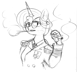 Size: 989x926 | Tagged: safe, artist:eow, derpibooru import, princess flurry heart, alicorn, anthro, admiral, cigar, clothes, eye clipping through hair, female, glasses, lineart, medal, monochrome, older, smoke, smoking, traditional art, uniform