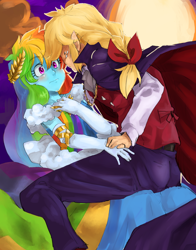 Size: 832x1062 | Tagged: safe, artist:kogarasumaru24, derpibooru import, applejack, rainbow dash, equestria girls, appledash, clothes, dress, female, gala dress, lesbian, moon, shipping