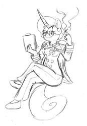 Size: 995x1435 | Tagged: safe, artist:eow, derpibooru import, princess flurry heart, alicorn, anthro, cigar, clothes, eye clipping through hair, female, glasses, lineart, medal, monochrome, older, reading, sitting, smoke, smoking, solo, uniform