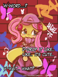 Size: 1440x1920 | Tagged: safe, artist:lumineko, fluttershy, pegasus, pony, :o, bipedal, blushing, clothes, cute, drop it like it's hot, embarrassed, floppy ears, frown, graffiti, hat, hug life, necklace, nervous, pixiv, rapper, shyabetes, snoop dogg, solo, song reference, sweater, sweatershy, urban