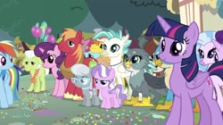 Size: 2730x1531 | Tagged: safe, screencap, big macintosh, carrot cake, cup cake, diamond tiara, gabby, gallus, granny smith, rainbow dash, silver spoon, silverstream, smolder, starlight glimmer, sugar belle, terramar, twilight sparkle, twilight sparkle (alicorn), yona, alicorn, griffon, hippogriff, pegasus, pony, the last crusade