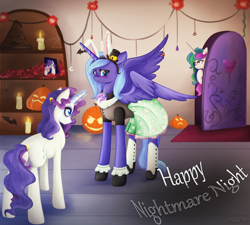 Size: 2550x2300 | Tagged: safe, artist:mailner, princess celestia, princess luna, rarity, sweetie belle, alicorn, pony, unicorn, blushing, bunny blanc, bunny ears, candle, clothes, costume, crossover, ever after high, jack-o-lantern, magic, nightmare night, nightmare night costume, pumpkin, s1 luna, shirt, skirt, spread wings, telekinesis