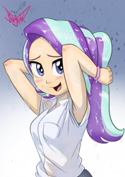 Size: 2480x3508 | Tagged: safe, artist:jeglegator, starlight glimmer, human, equestria girls, arm behind head, armpits, blushing, clothes, humanized, looking at you, rain, school uniform, solo, wet