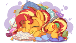 Size: 3840x2160 | Tagged: safe, artist:pirill, ray, sunset shimmer, gecko, pony, unicorn, cheek fluff, chibi, cute, cutie mark, ear fluff, eyes closed, female, hnnng, pillow, raybetes, shimmerbetes, sleeping, smiling, solo, sunset shimmer day, weapons-grade cute