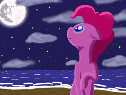 Size: 1024x768 | Tagged: safe, pinkie pie, earth pony, pony, female, mare, mare in the moon, moon, pink coat, pink mane, solo