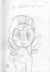 Size: 753x1080 | Tagged: safe, artist:moon flower, derpibooru exclusive, derpy hooves, pegasus, pony, dialogue, english, female, food, front view, grayscale, happy, looking at you, mare, monochrome, muffin, offscreen character, pencil, sketch, smiling, solo, spread wings, standing, traditional art, wings