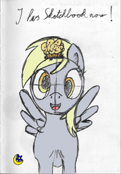 Size: 753x1080 | Tagged: safe, artist:moon flower, derpibooru exclusive, derpy hooves, pegasus, pony, colored, dialogue, digital art, english, female, food, front view, happy, looking at you, mare, mixed media, muffin, offscreen character, pencil, sketch, smiling, solo, spread wings, standing, traditional art, wings