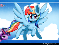 Size: 900x689 | Tagged: safe, artist:clouddg, derpibooru import, rainbow dash, twilight sparkle, twilight sparkle (alicorn), alicorn, pegasus, pony, fake horn, manebow sparkle