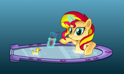 Size: 5248x3145 | Tagged: safe, artist:mirrorcrescent, sunset shimmer, pony, equestria girls, bath, drink, female, glowing horn, levitation, magic, mirror, portal, rubber duck, smiling, solo, straw, sunset shimmer day, telekinesis, water